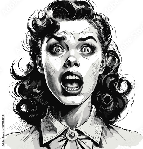 woman with disgust and horrified or surprised face, styled like classic pulp or comic art sketch engraving generative ai fictional character PNG illustration. Scratch board.