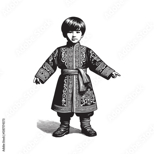 A young boy adorned in a traditionally patterned Chapan in monochrome illustration