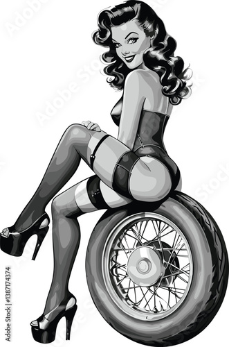 pin-up girl seated on a motorcycle wheel, capturing a classic glamorous pose sketch engraving generative ai fictional character vector illustration. Scratch board imitation.