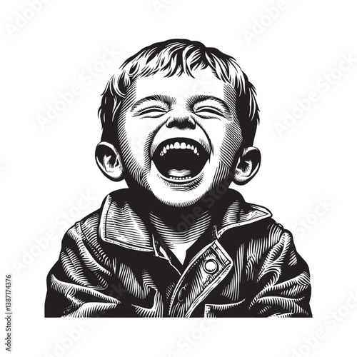 A young boy bursts into laughter with uncontainable joy, etched in monochrome art