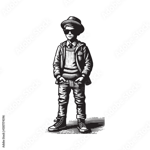 A Youngster,s Sartorial Expression in Detailed Woodcut Illustration Style