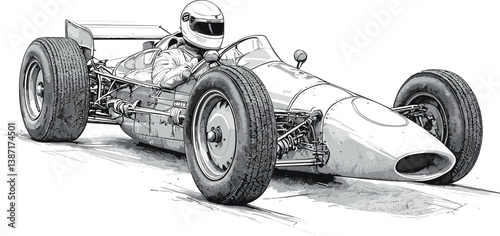 classic Formula race car, showcasing aerodynamic design, speed, and the nostalgia of motorsport history sketch engraving generative ai PNG illustration. Scratch board imitation. 
