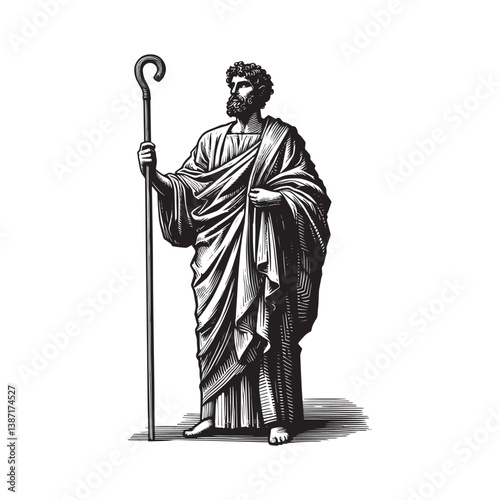 Ancient depiction of a bearded man in draped robes holding a staff in artful monochrome