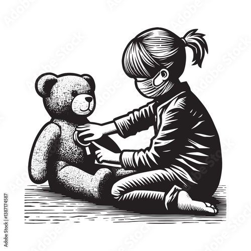 A young child playing doctor with their teddy bear friend artistic monochrome