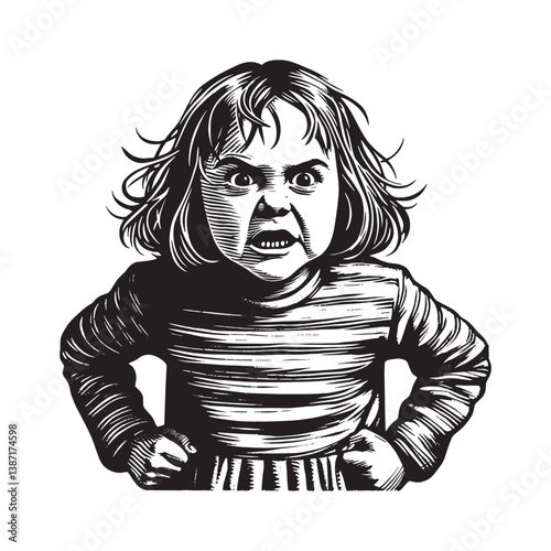 Angry little girl portrait in woodcut style with furious expression