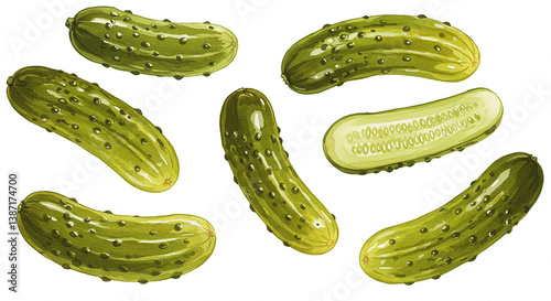 Juicy Green Pickles Gourmet Dill Pickles Fresh Pickled Cucumbers Watercolor Illustration