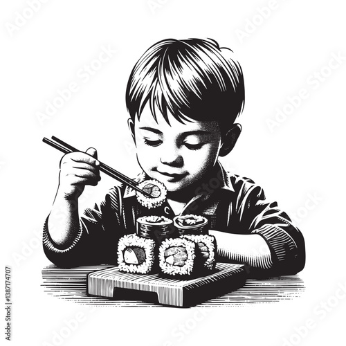 Artistic depiction of a child savouring a sushi roll with chopsticks