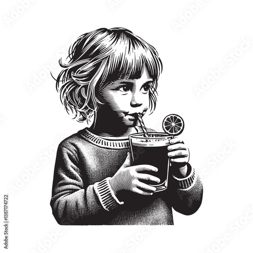 Artistic illustration of a child sipping a beverage with citrus garnish and straw