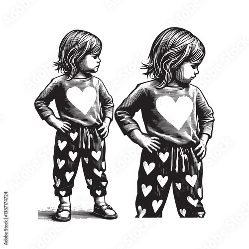 Artistic depiction of little girl in heart-themed outfit woodcut style