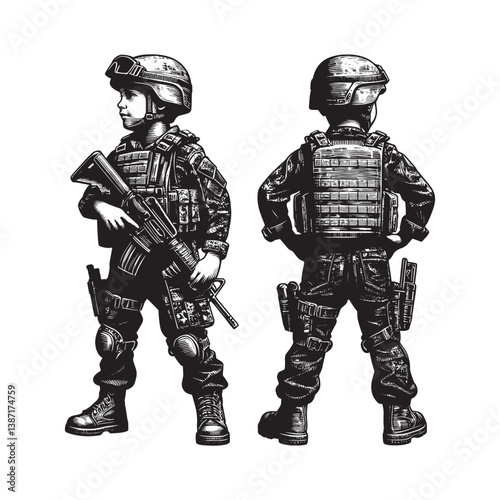 Artistic monochrome illustration of a child in military attire and gear standing confidently
