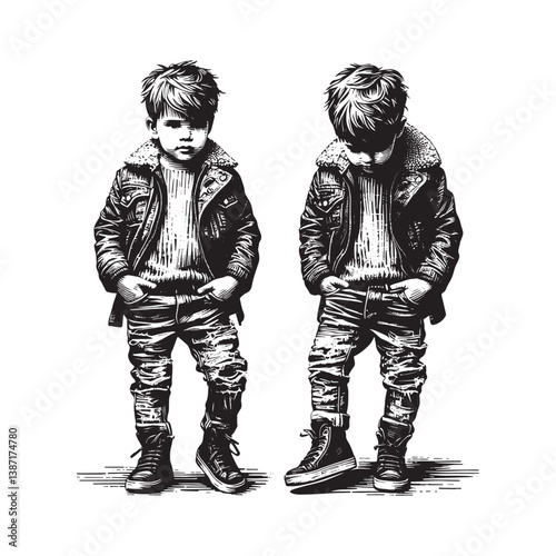 Artistic portrayal of a young boy with stylish jacket and distressed denim