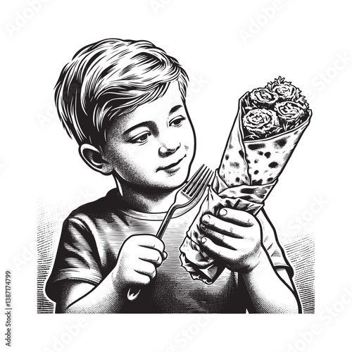 Artistic rendering of a boy contemplating a flower shaped shawarma roll delicacy