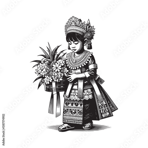 Balinese girl in traditional attire with a floral offering in woodcut style