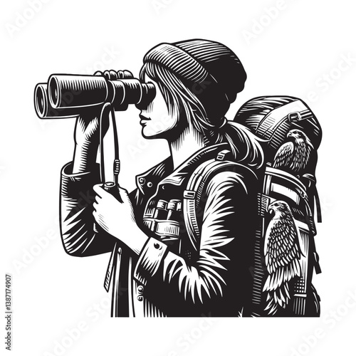 Binocular observation captivating woodcut illustration during a hike journey