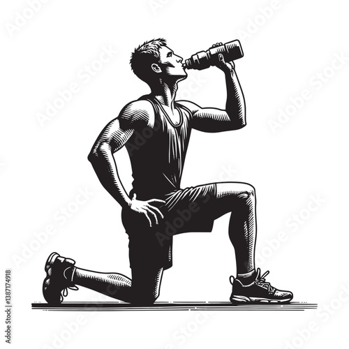 Athletic man hydrates after strenuous workout in bold woodcut illustration