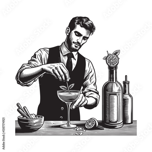 Bartender meticulously adding garnish to craft cocktail in monochromatic woodcut style
