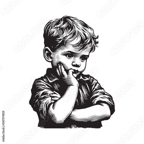 Black and white drawing of a young boy lost in thought contemplating life