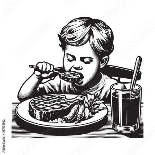Black and white illustration of a child enjoying a steak dinner with drink
