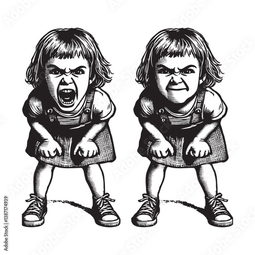 Black and white engraving of a girl exhibiting extreme emotion in dual portraits
