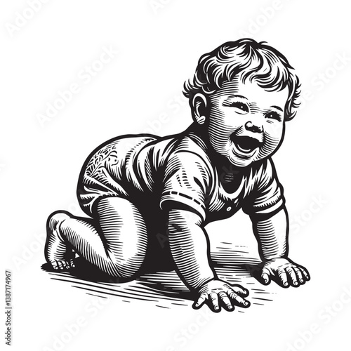 Black and white vintage engraving illustration of a baby crawling joyfully