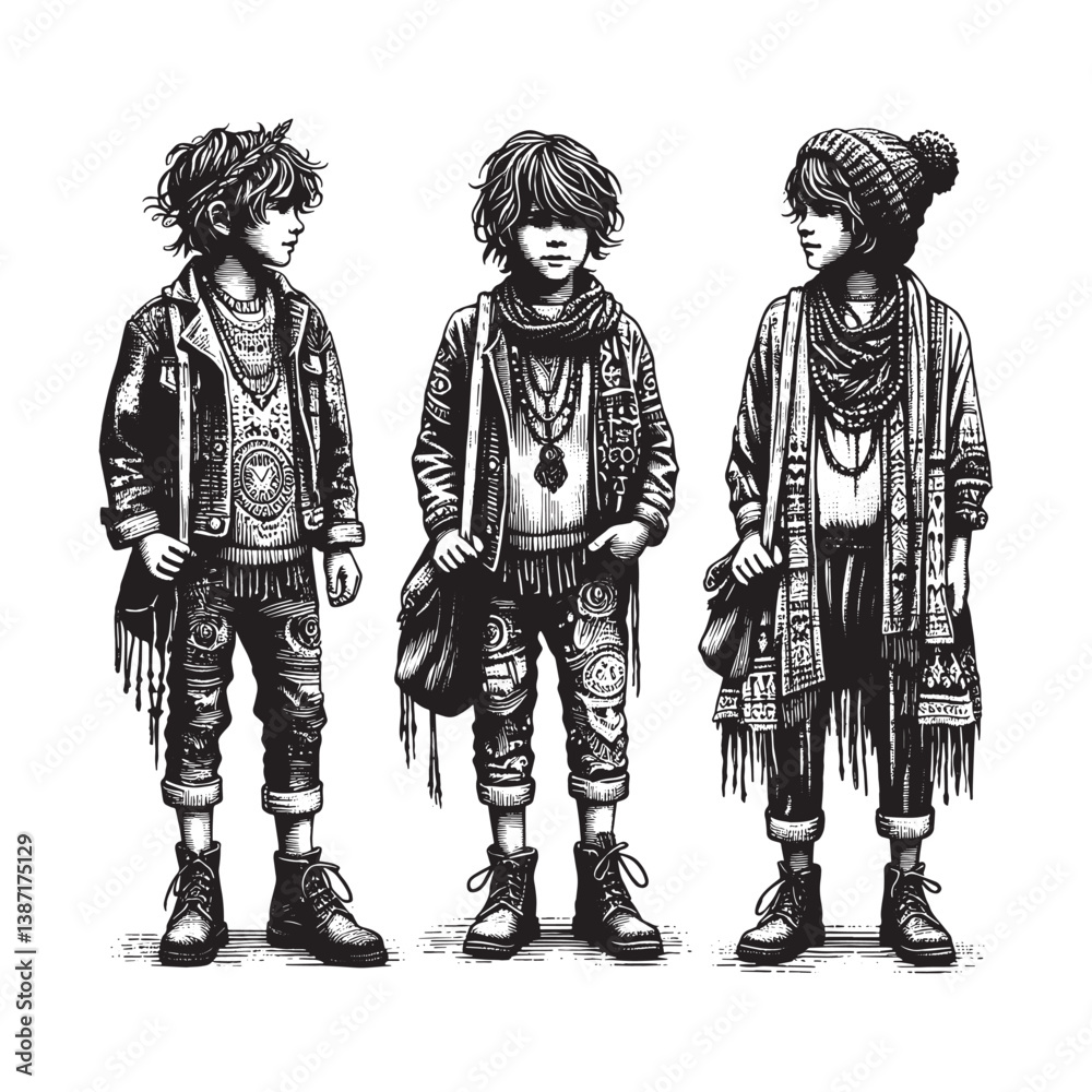 Bohemian child ensemble showcasing artistic individuality with intricate drawing
