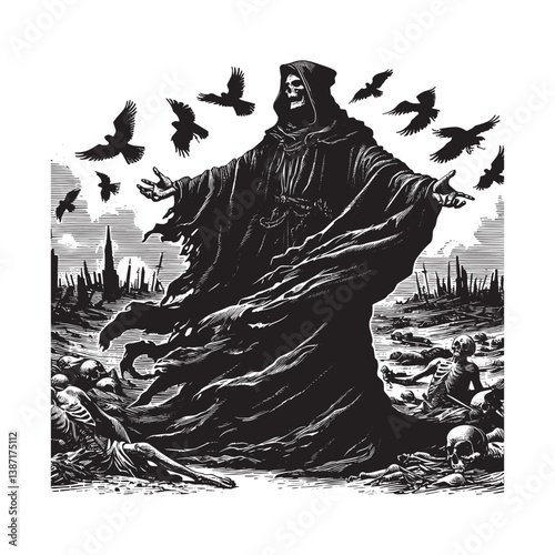 Black cloaked figure amidst desolation a woodcut portrayal of bleak devastation