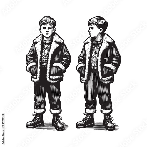 Boy in Winter Apparel Traditional Woodcut Style Illustration Two Poses