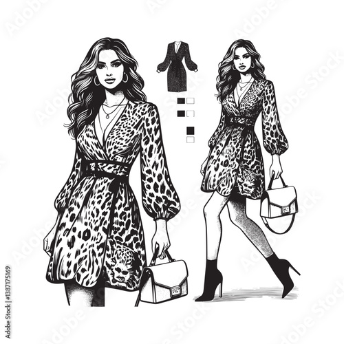 Bold Animal Print Dress with Neutral Accessories in Clean Woodcut Style