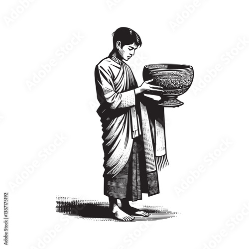 Burmese longyi clad man presents lacquerware bowl in artistic woodcut illustration