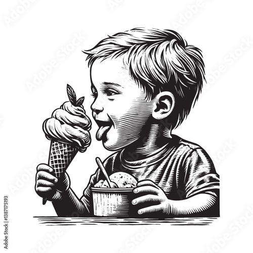 Boy enjoying summer treat ice cream in a distinctive woodcut drawing style