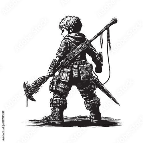 Brave adventurer kid in monster hunter attire style monochrome drawing