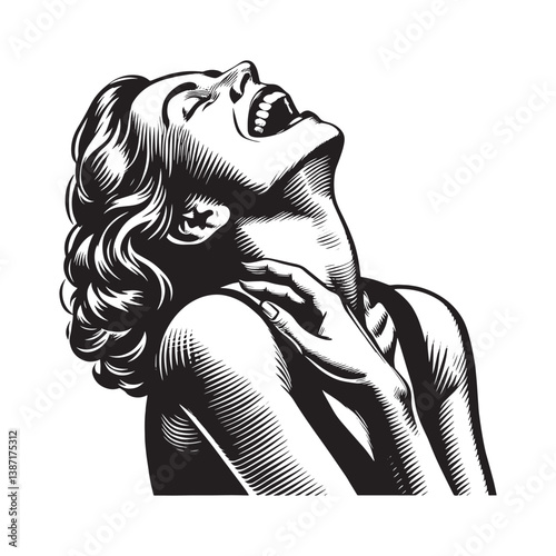 Captivating monochromatic woodcut illustration woman expressing joyous laughter