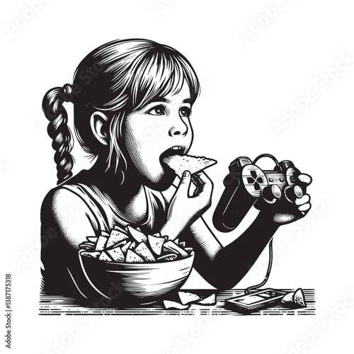 Captivating woodcut drawing of a young girl enjoying video games with snacks