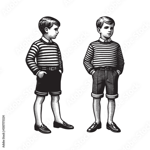 Boys fashionably dressed with stripped sweater and tailored short in engraving
