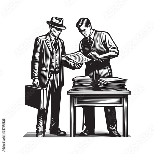 Businessmen meticulously reviewing paperwork before official submission process
