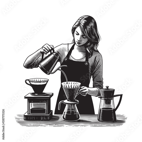 Brewing perfection woman precisely prepares pour-over coffee with vintage tools
