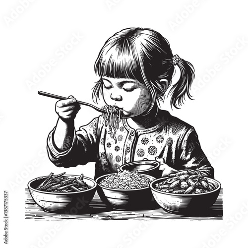 Captivating Woodcut Depiction of a Young Girl Savoring Delicious Noodles