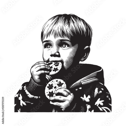 Captivating woodcut drawing of a young boy relishing festive Christmas cookies