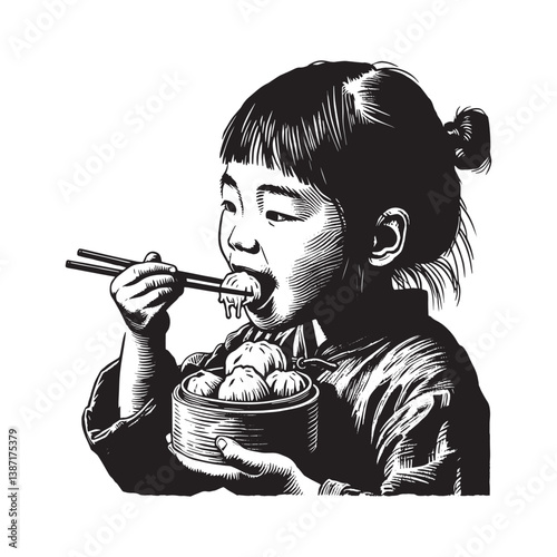Captivating Woodcut Illustration of a Little Girl Enjoying Delicious Dim Sum