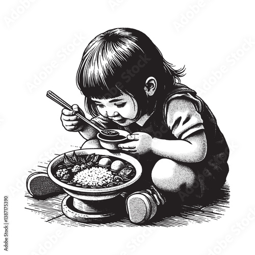 Captivating monochrome illustration of a child enjoying a meal with expressive detail