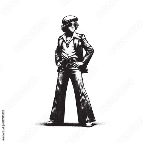 Captivating woodcut illustration of a young character embodying disco era fashion