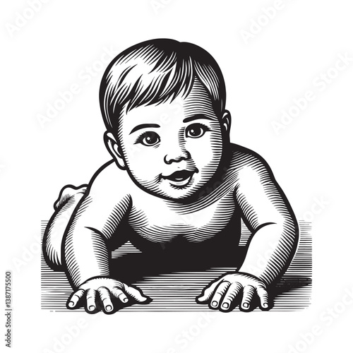 Charming engraved depiction of an infant crawling with earnest expression