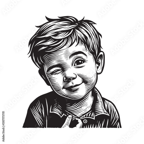 Charming little boy winking in a playful manner with woodcut style rendering