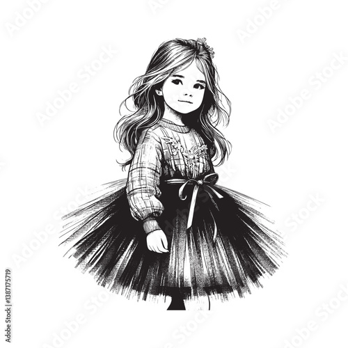 Charming little girl portrait in tulle dress monochrome drawing style