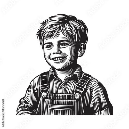 Charming monochrome portrait of a young boy with a joyful expression