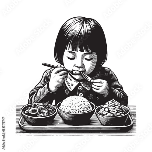 Charming monochromatic woodcut artwork of a girl enjoying a balanced meal