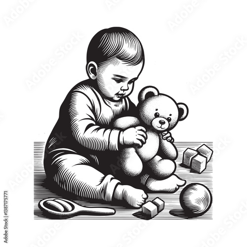 Charming vintage style illustration of a baby embracing a teddy bear amid toys