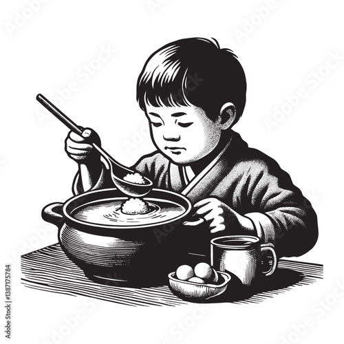 Charming woodcut depiction of a young boy enjoying a bowl of hot pot