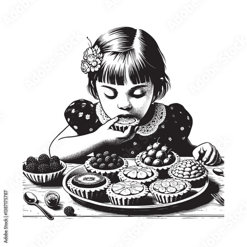 Charming little girl savoring an assortment of miniature fruit tarts delicacy