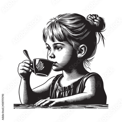Charming Woodcut Illustration Little Girl Savoring Beverage Moment of Contemplation